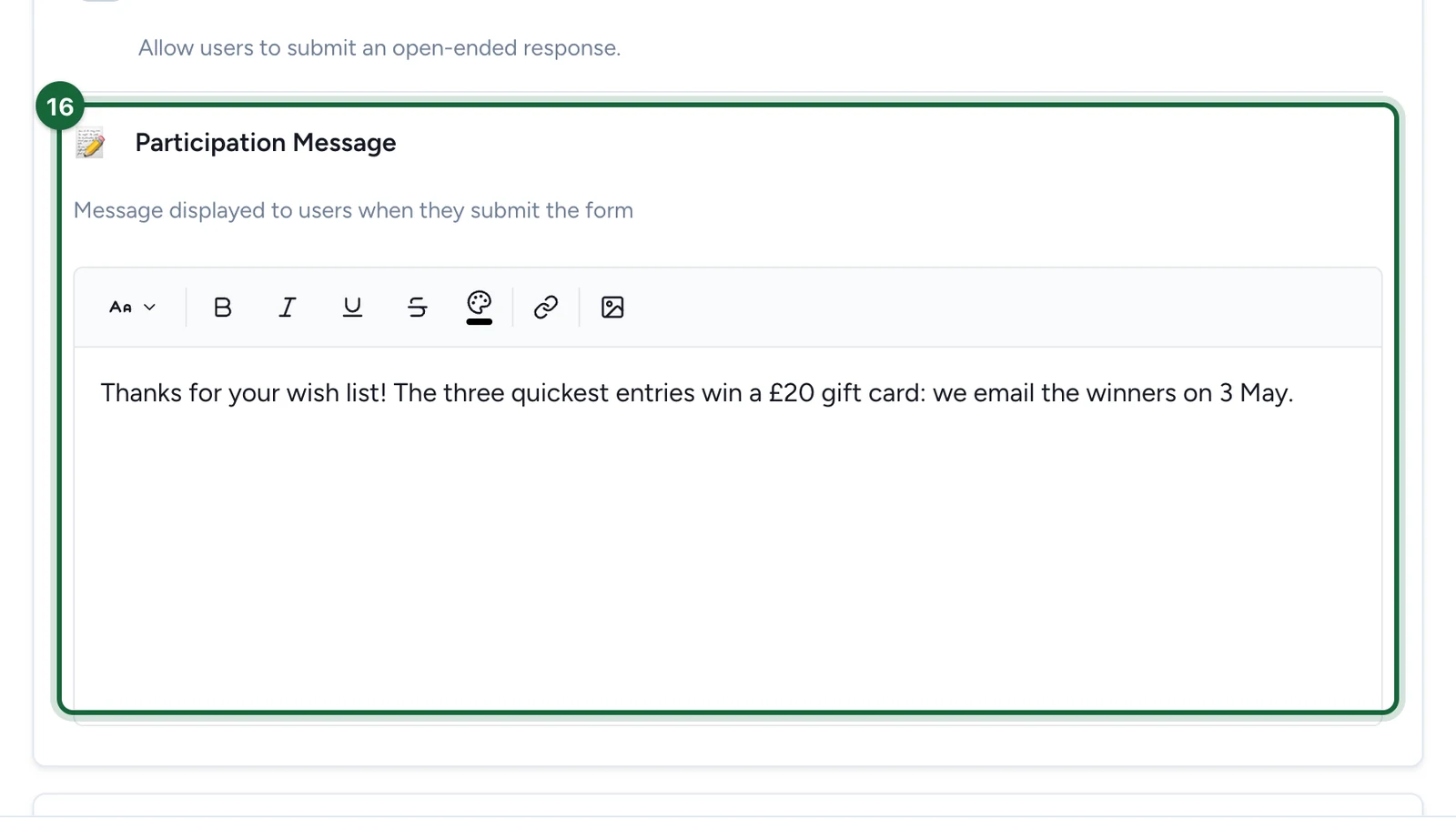 Participation Message saying the three quickest entries win a £20 gift card, with an email on 3 May, highlighted