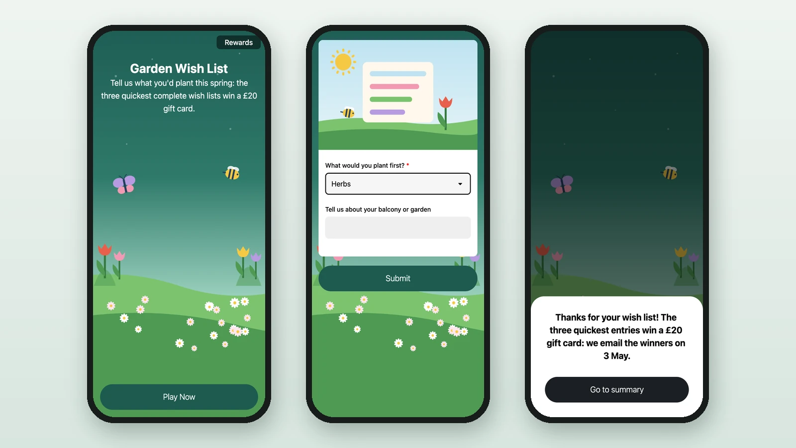The Garden Wish List on three phones: the start screen, the two questions, and the thank-you message