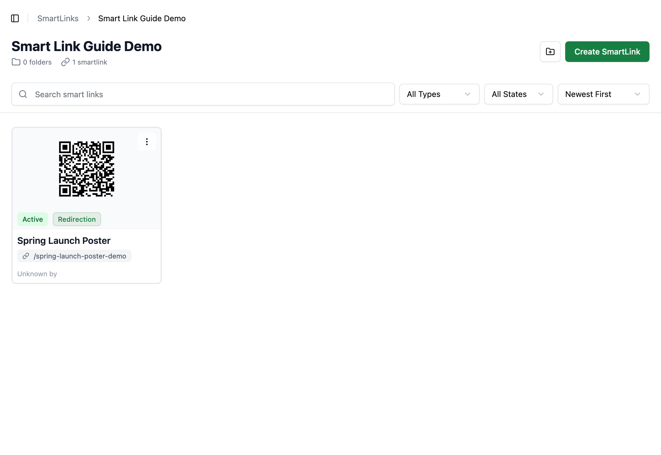 OmniLab Smart Links' Links view with breadcrumbs, the folder name as the page title, search and filters, and a OmniLab Smart Link card in the current folder