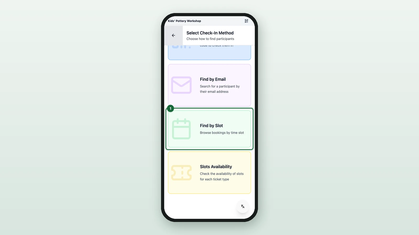 Select Check-In Method with Find by Slot highlighted on a phone