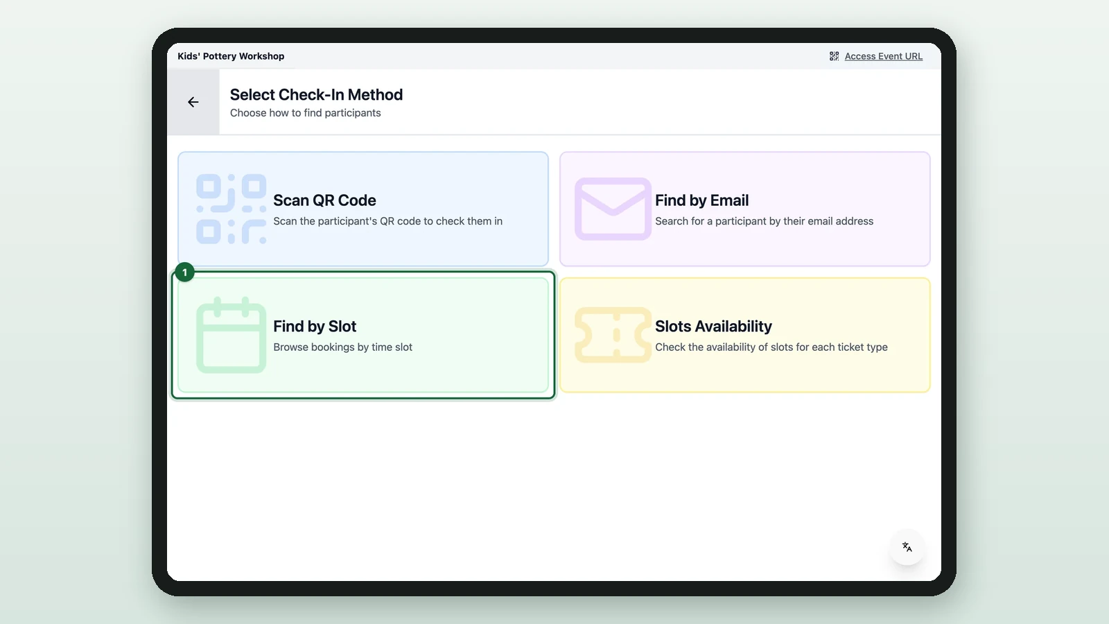 Select Check-In Method with Find by Slot highlighted on a tablet