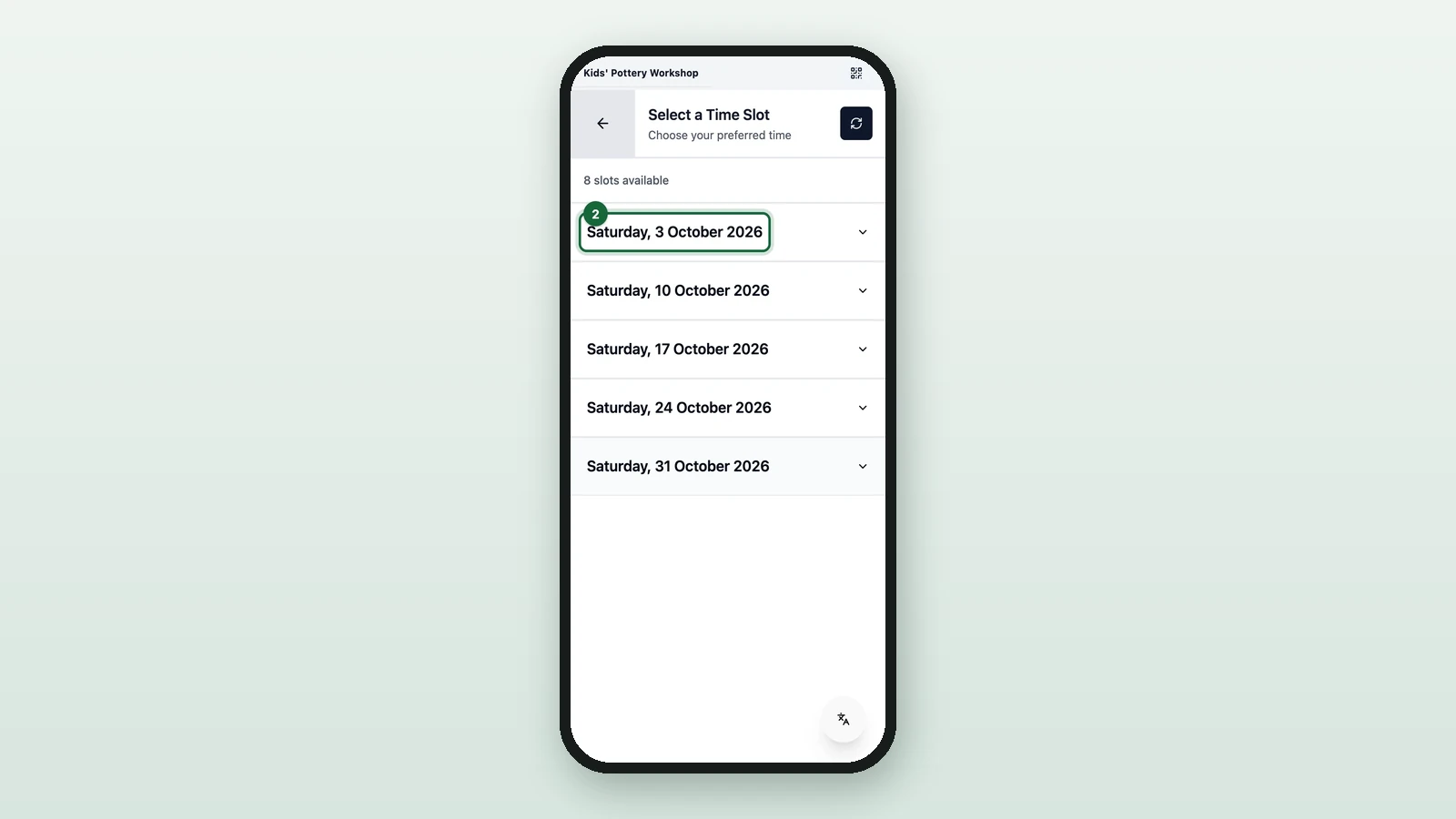 Select a Time Slot with Saturday, 3 October 2026 highlighted on a phone