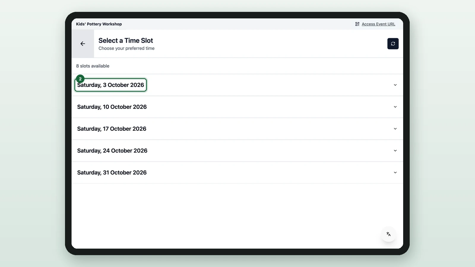 Select a Time Slot with Saturday, 3 October 2026 highlighted on a tablet
