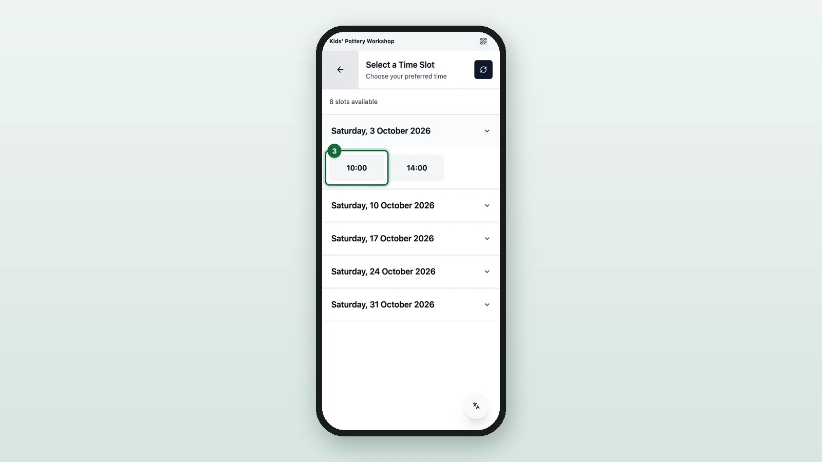 Saturday, 3 October with the 10:00 session highlighted on a phone