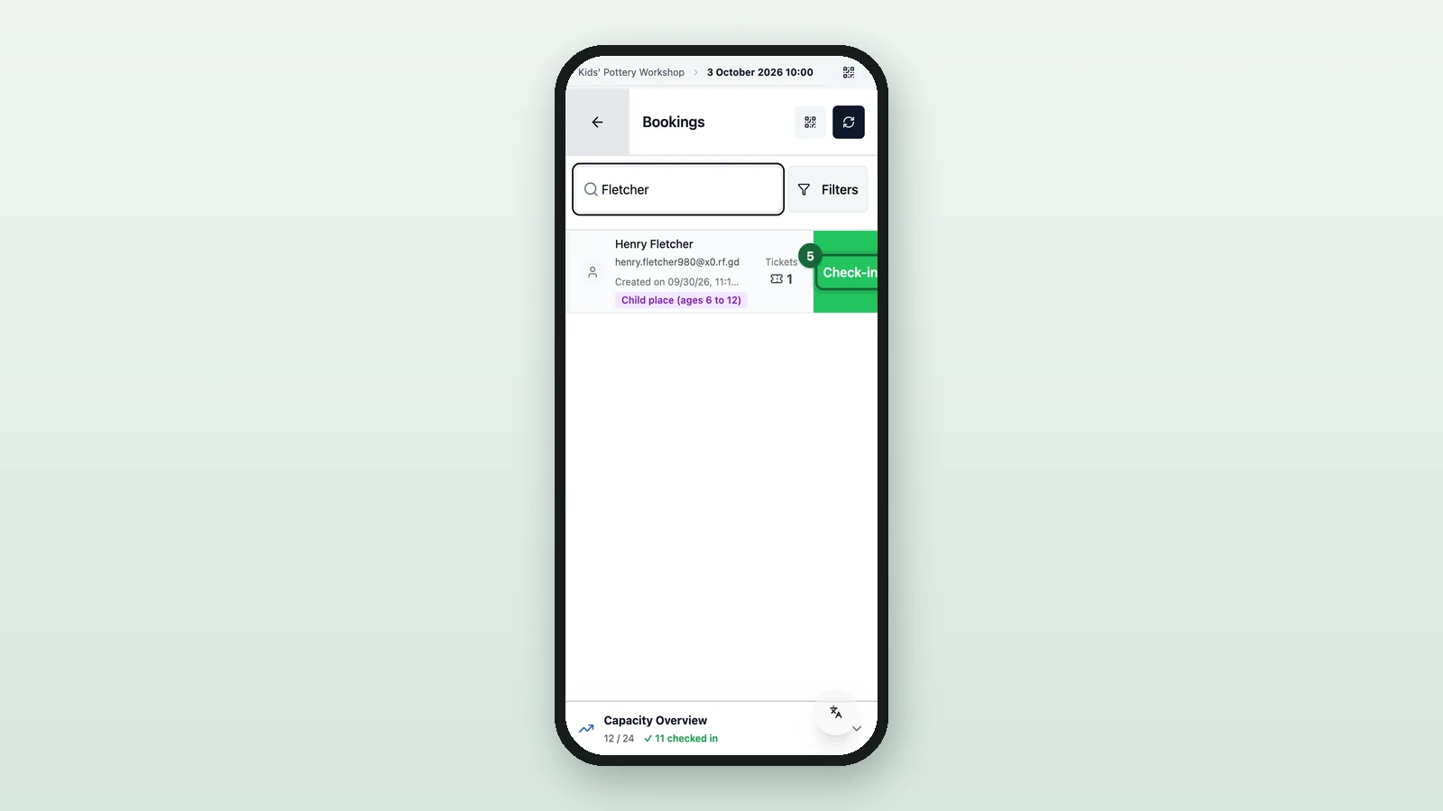 Henry Fletcher's booking with the Check-in button highlighted on a phone