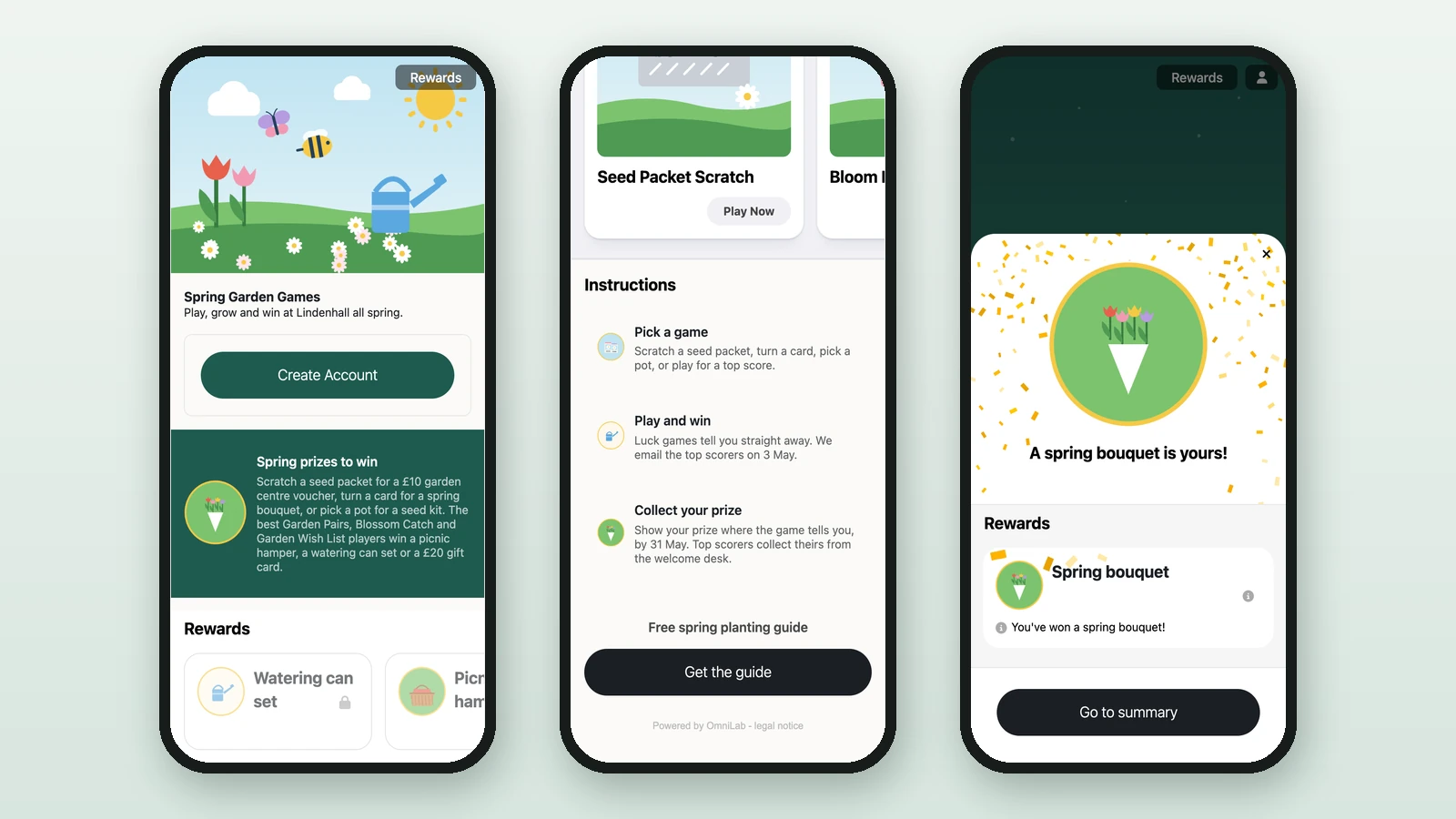 Spring Garden Games on three phones: the landing page, its list of games, and a won bouquet