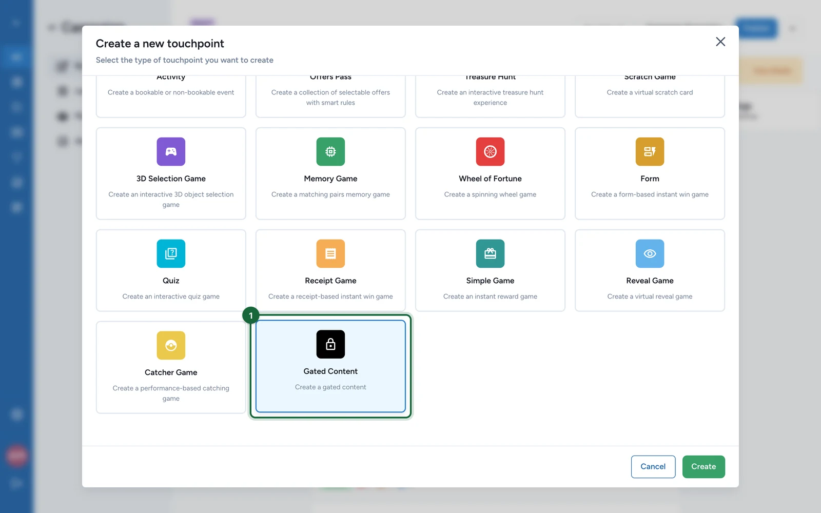 Create a new touchpoint window with the Gated Content tile highlighted