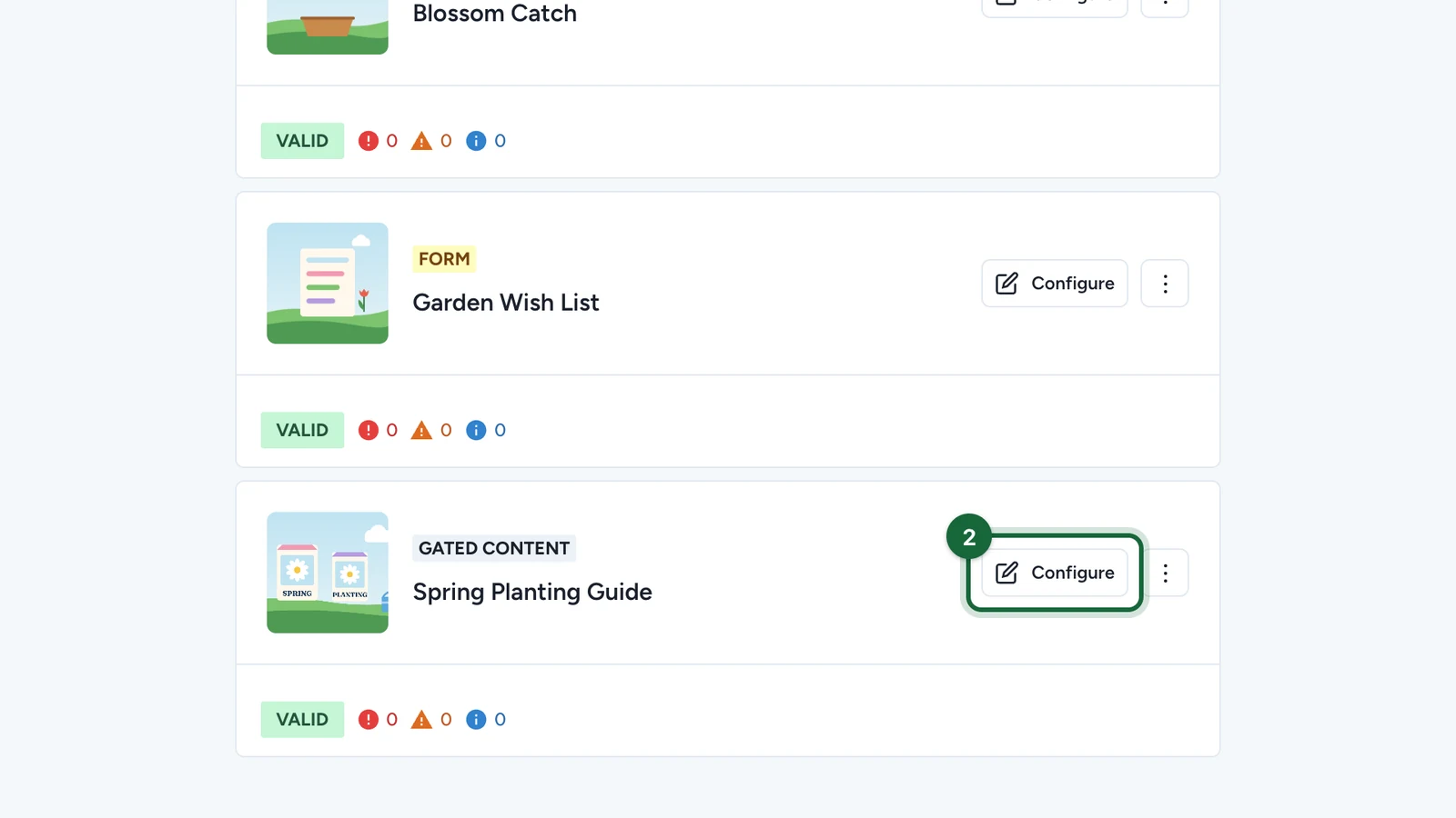 Spring Planting Guide card with its Configure button highlighted