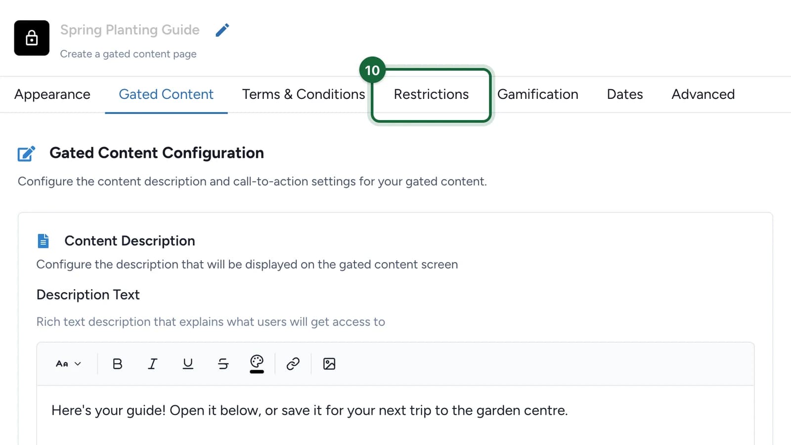 Gated Content settings with the Restrictions tab highlighted