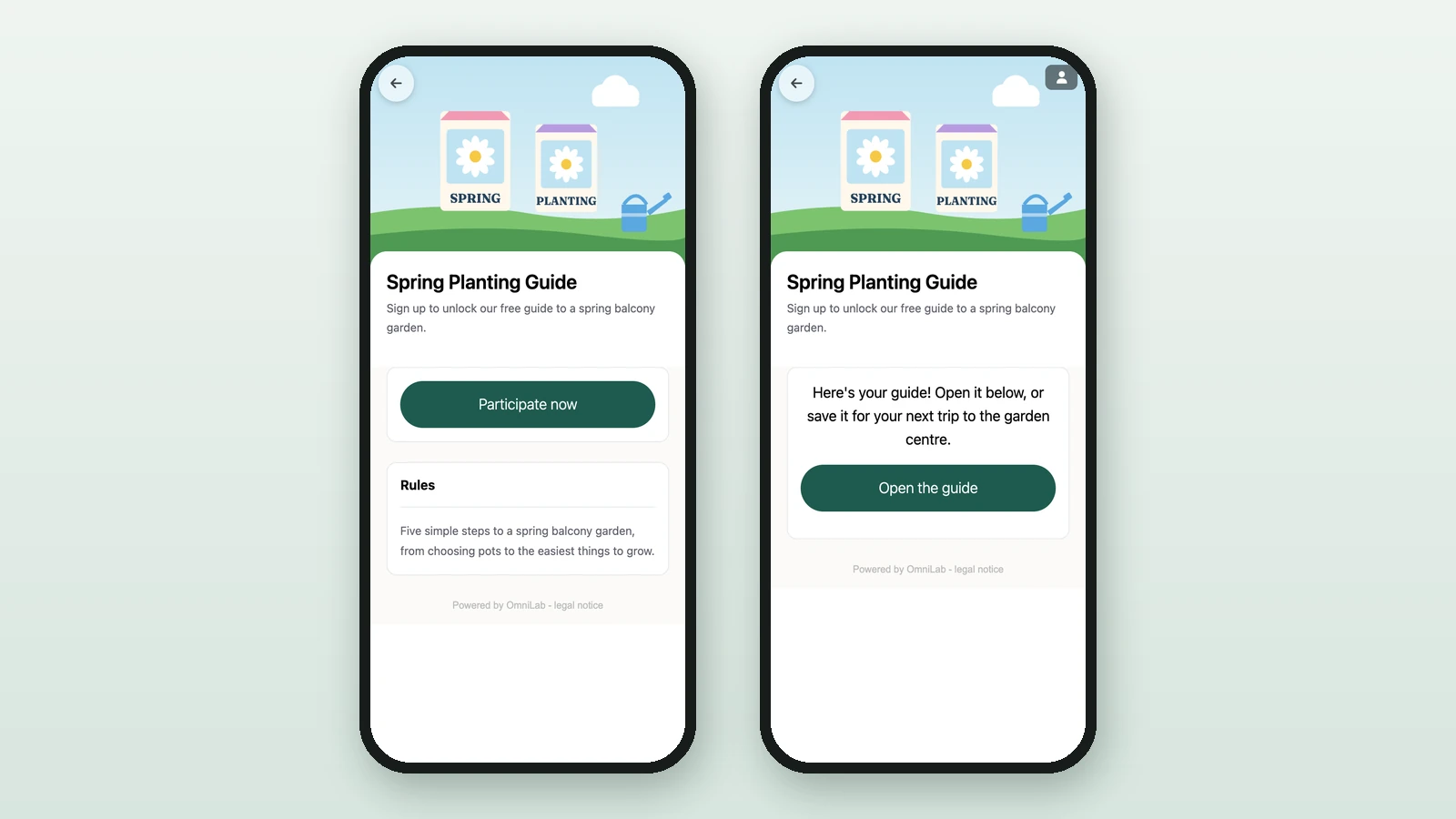 The Spring Planting Guide on two phones: the teaser before sign-up, and the unlocked text with Open the guide