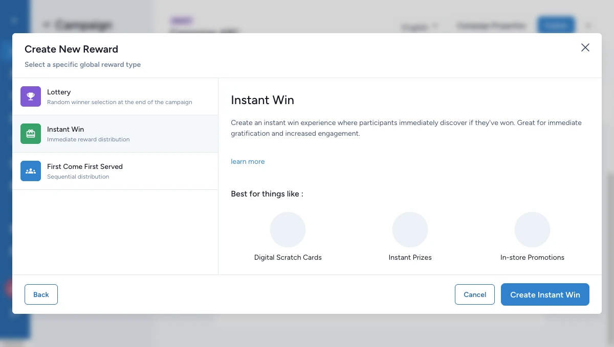 Récompense Gain instantané globale avec Déclencheur de Récompense et planning