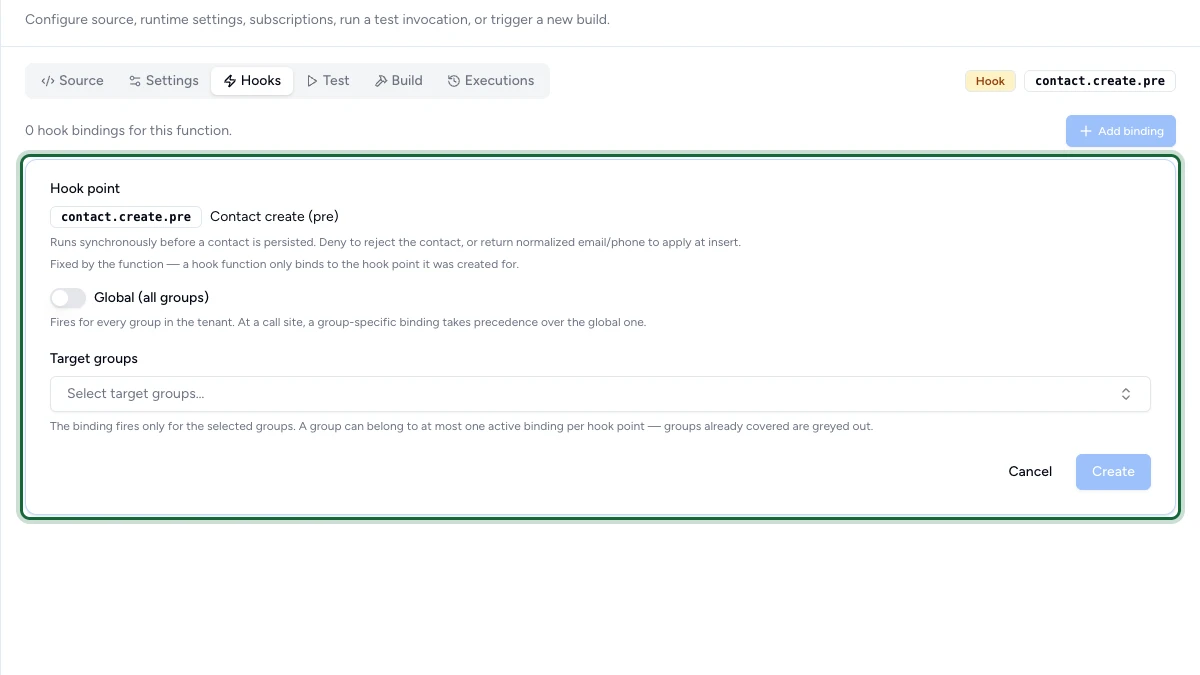 Add binding form with the fixed hook point, the global toggle and target groups