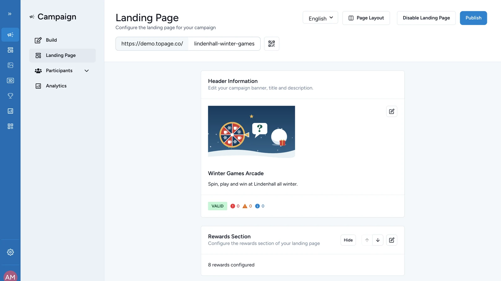 Landing Page editor of the Winter Games Arcade with its Page Layout and Disable Landing Page buttons and the Header Information section