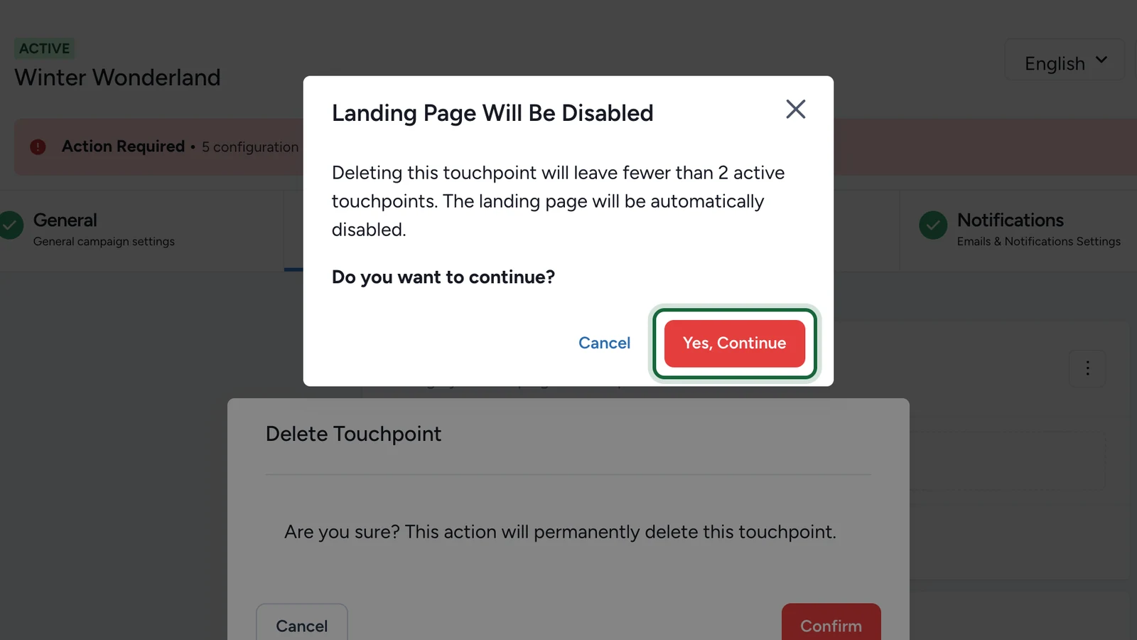 Landing Page Will Be Disabled window with Yes, Continue highlighted