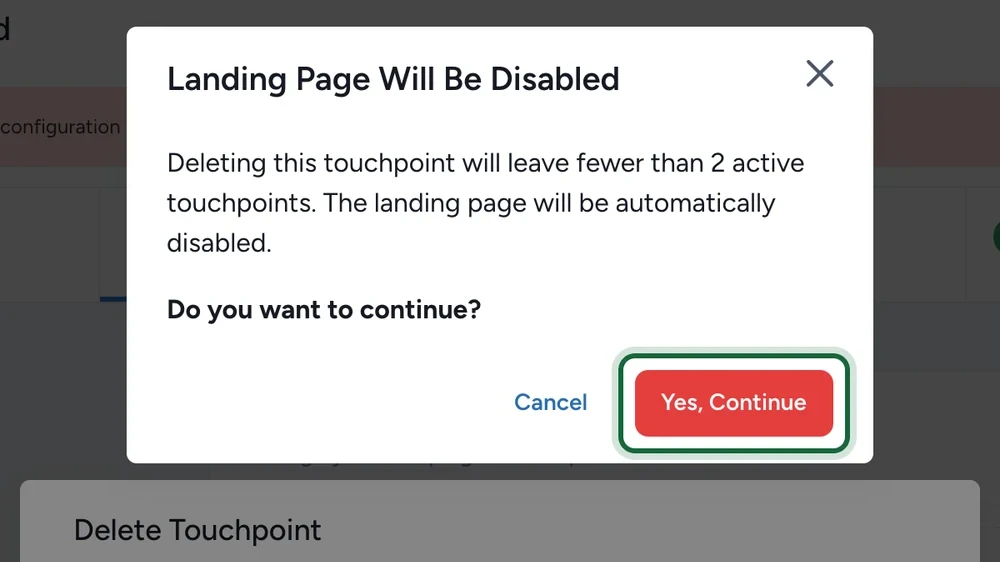 Landing Page Will Be Disabled window with the Yes, Continue button highlighted