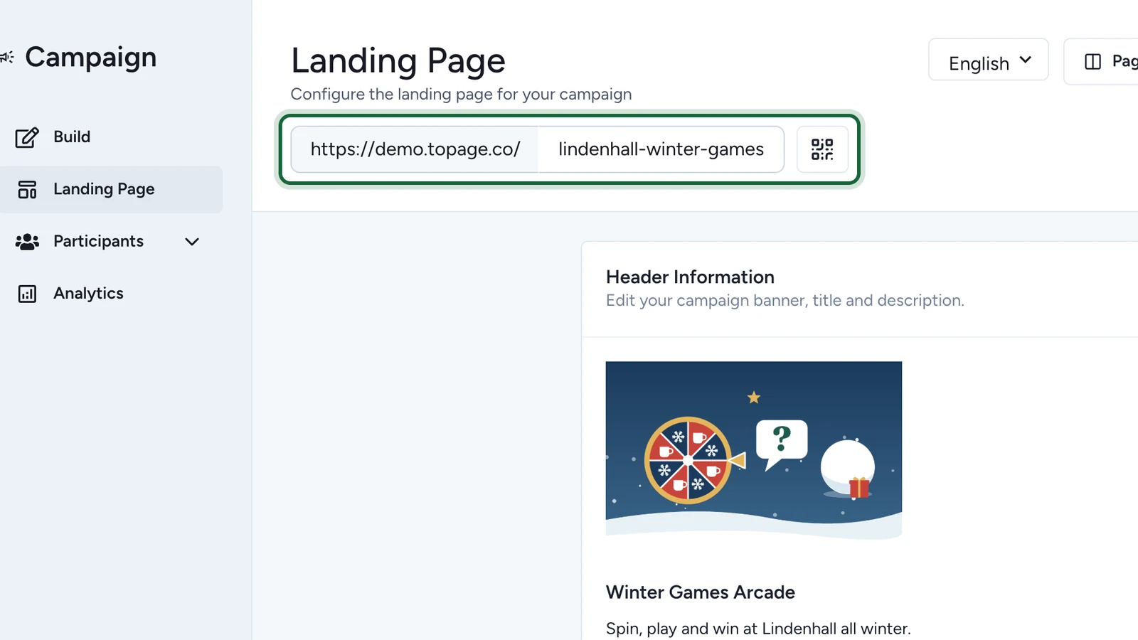 Landing Page editor with the campaign address and its QR code button highlighted