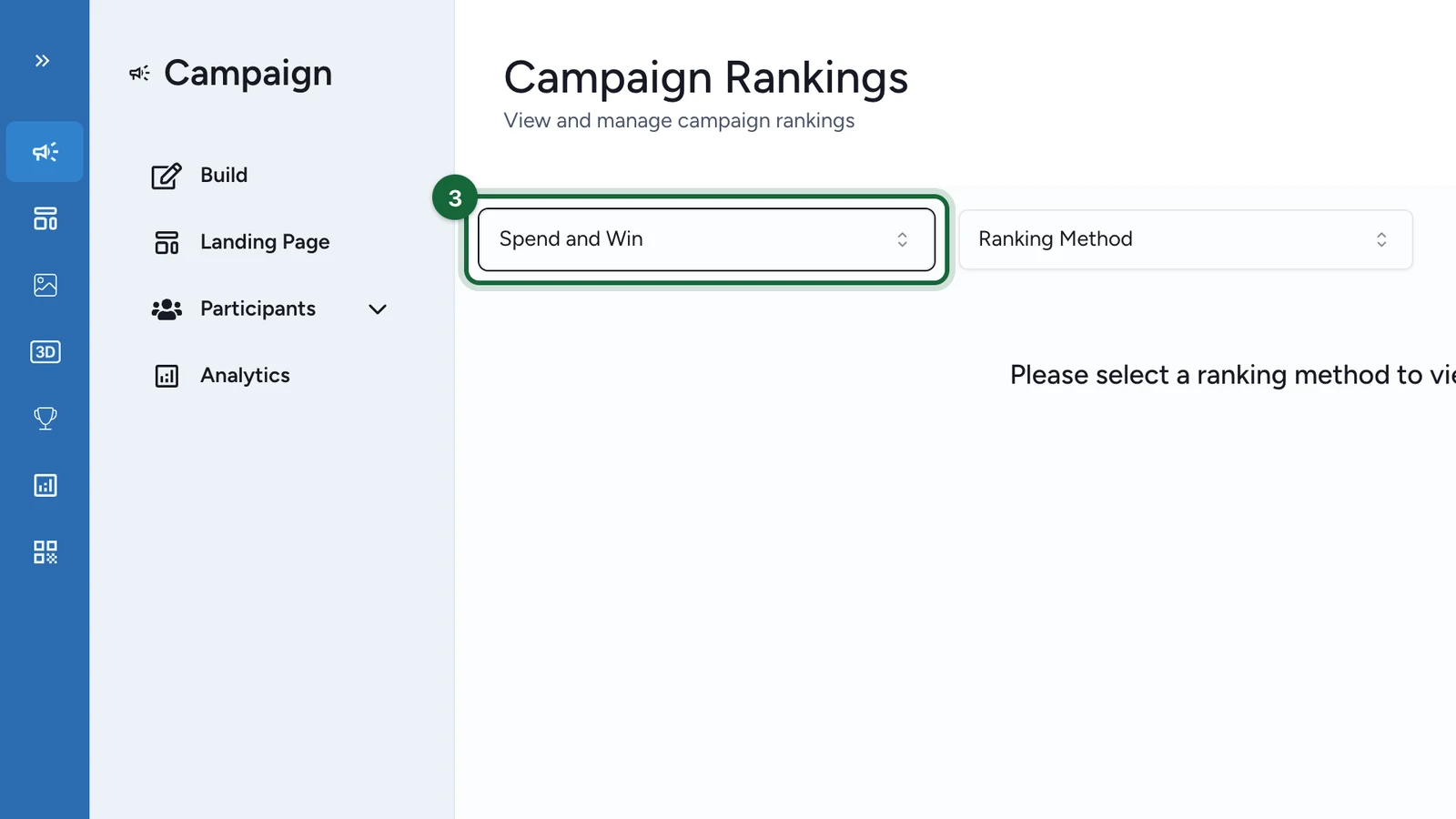Campaign Rankings page with the game list highlighted, set to Spend and Win