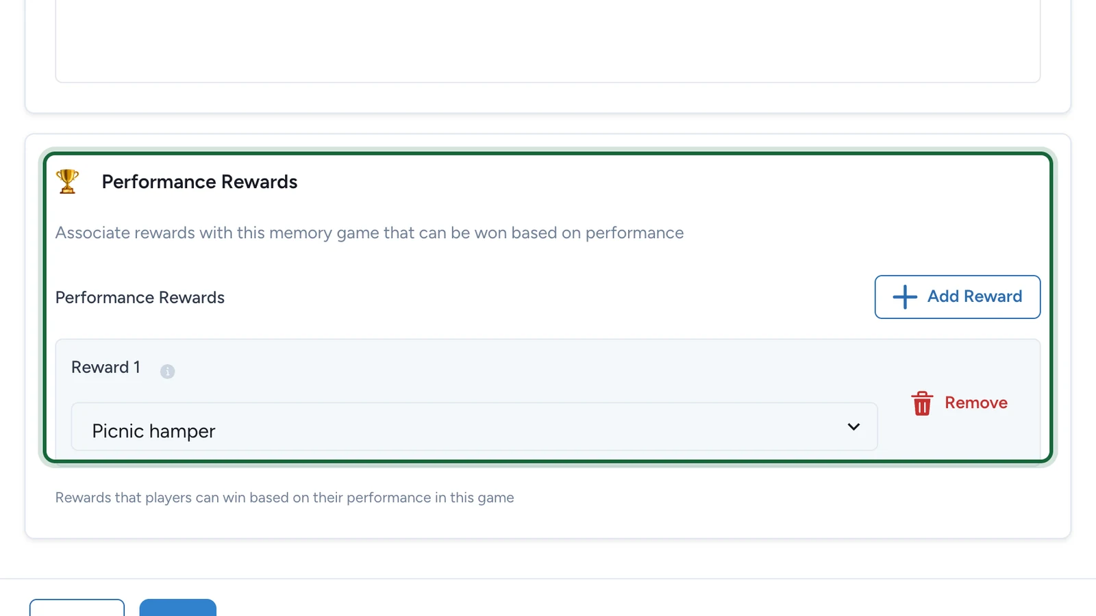 Performance Rewards with Reward 1 set to Picnic hamper, highlighted