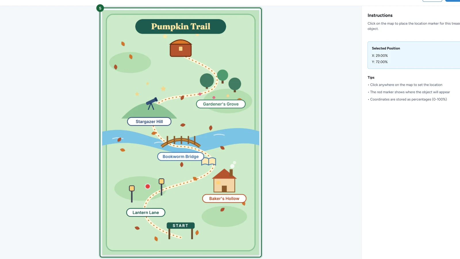 Treasure Hunt Map Location window with the Pumpkin Trail map highlighted