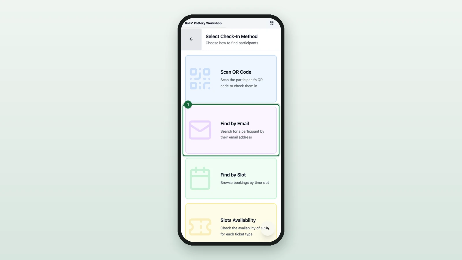 Select Check-In Method with Find by Email highlighted on a phone