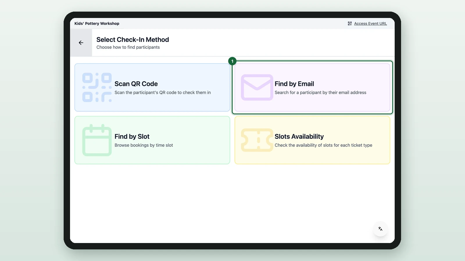 Select Check-In Method with Find by Email highlighted on a tablet
