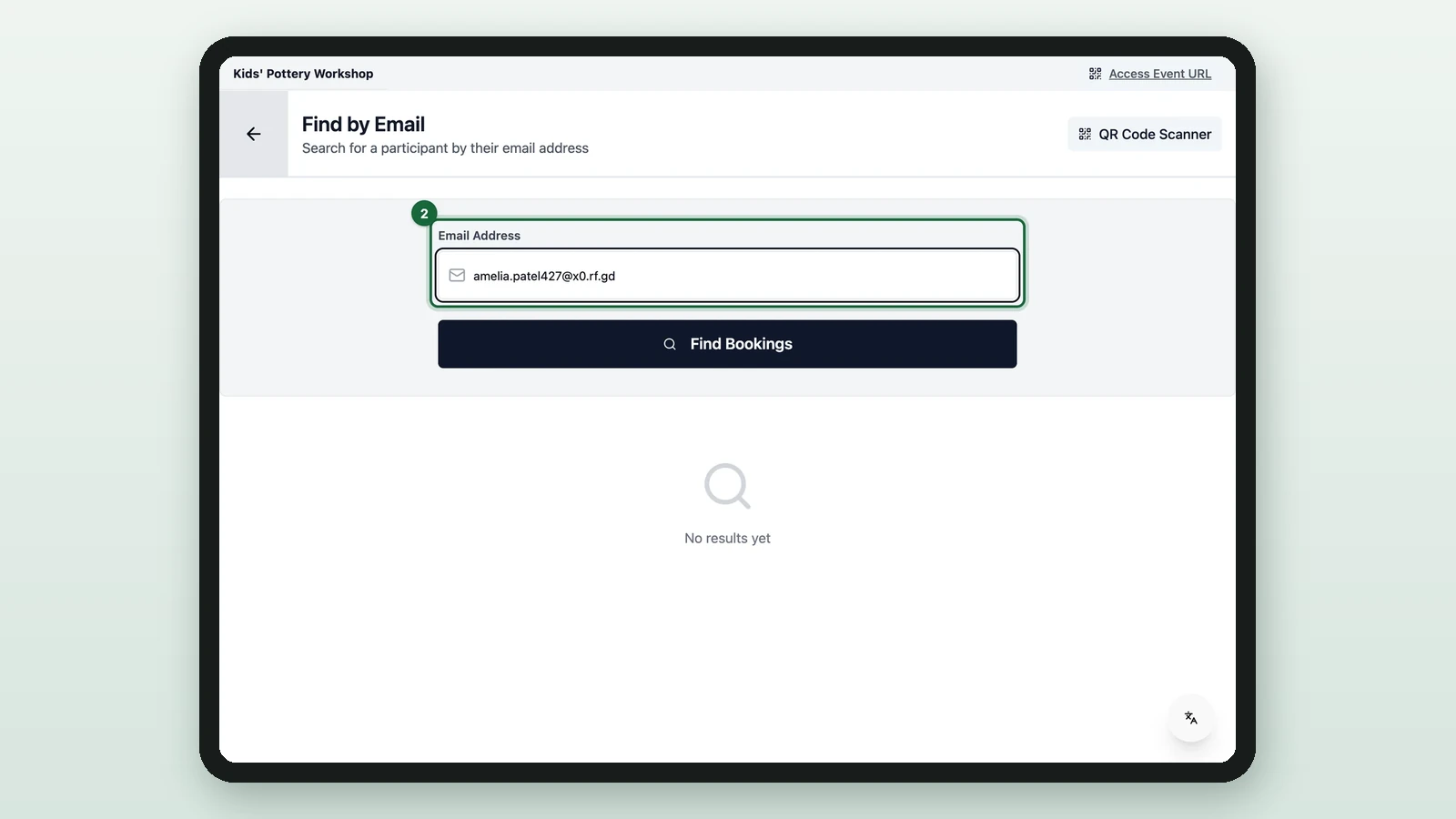 Find by Email with the email address entered, highlighted on a tablet