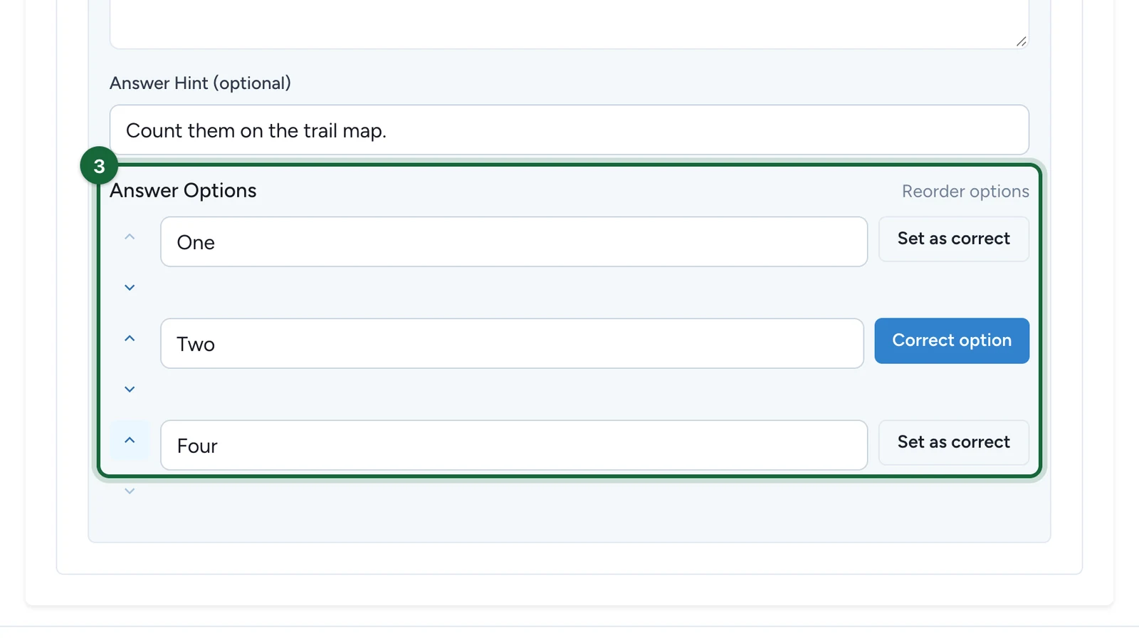 Three answer options: One, Two and Four, highlighted