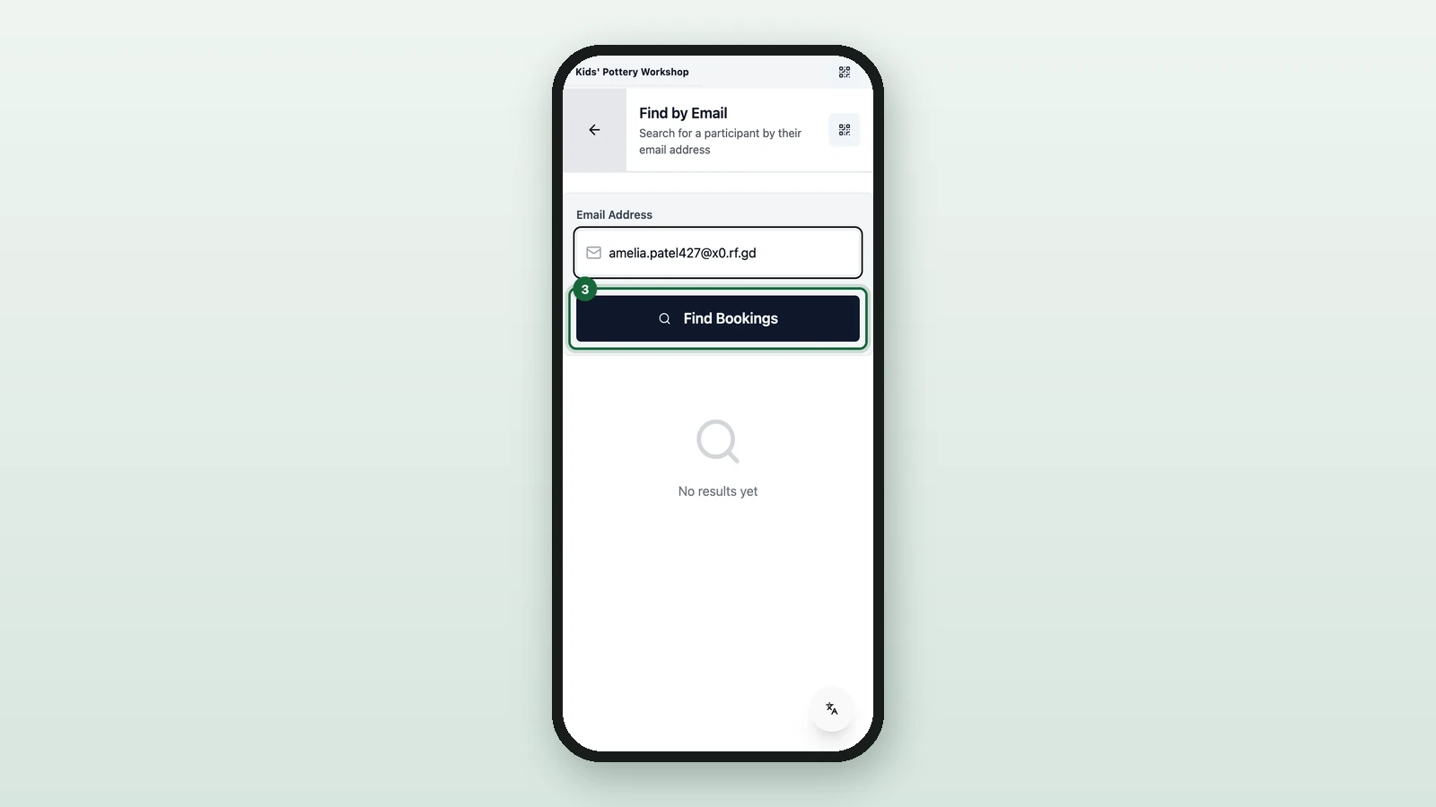 Find by Email with the Find Bookings button highlighted on a phone