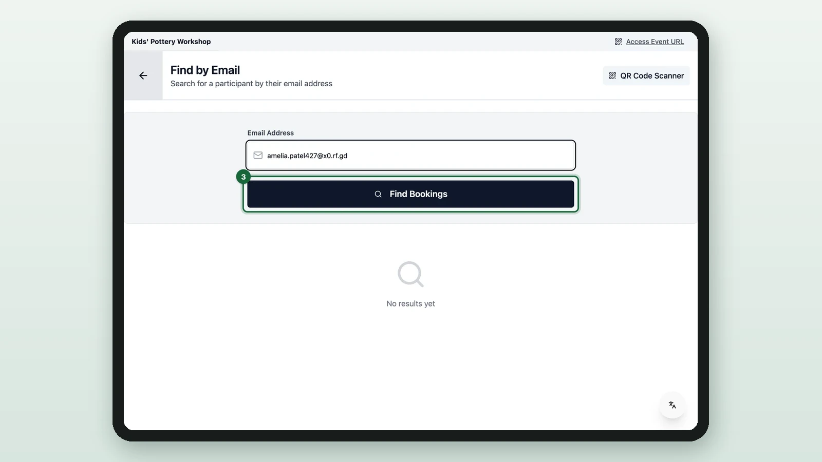 Find by Email with the Find Bookings button highlighted on a tablet