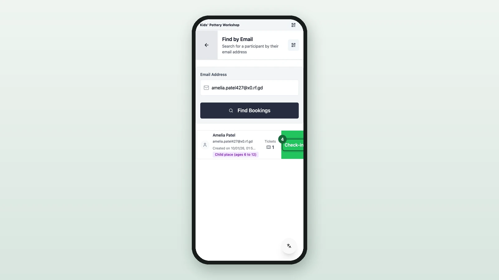 The guest's confirmed booking with its Check-in button highlighted on a phone