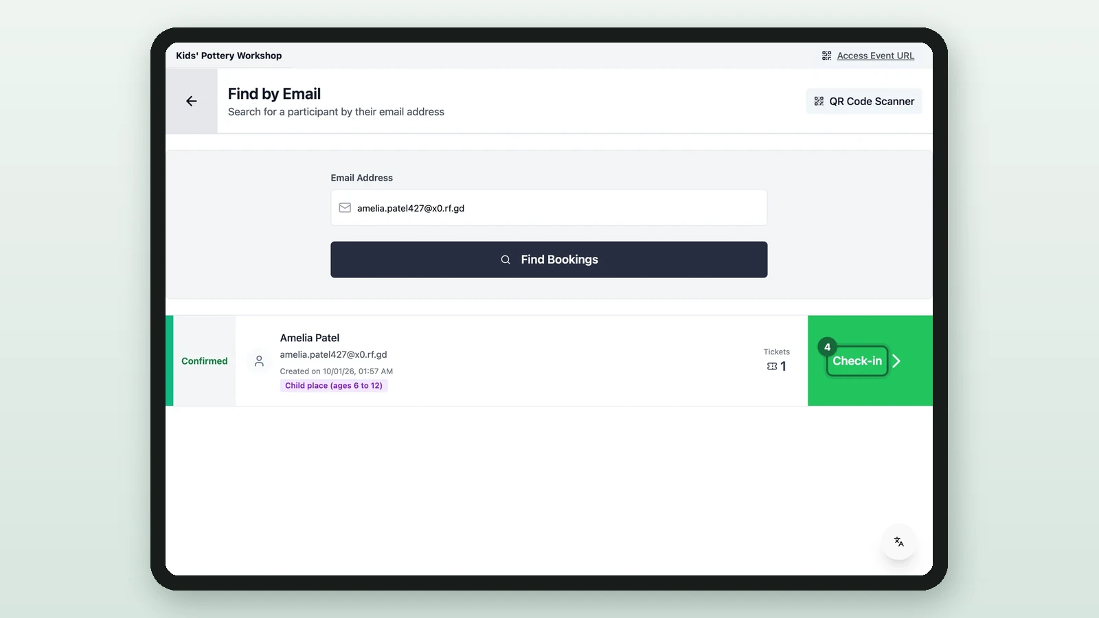 The guest's confirmed booking with its Check-in button highlighted on a tablet