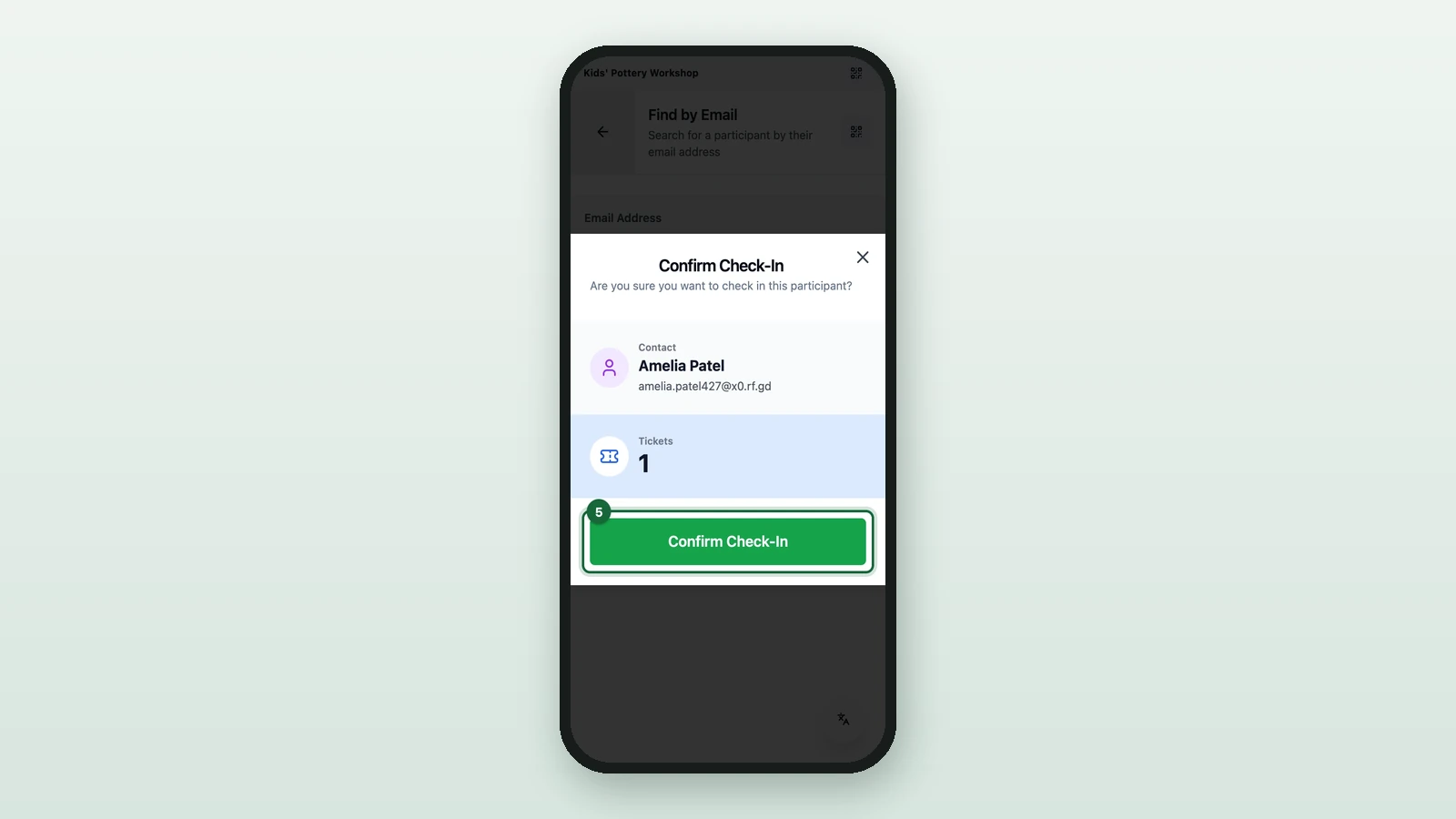 Confirm Check-In window with its button highlighted on a phone