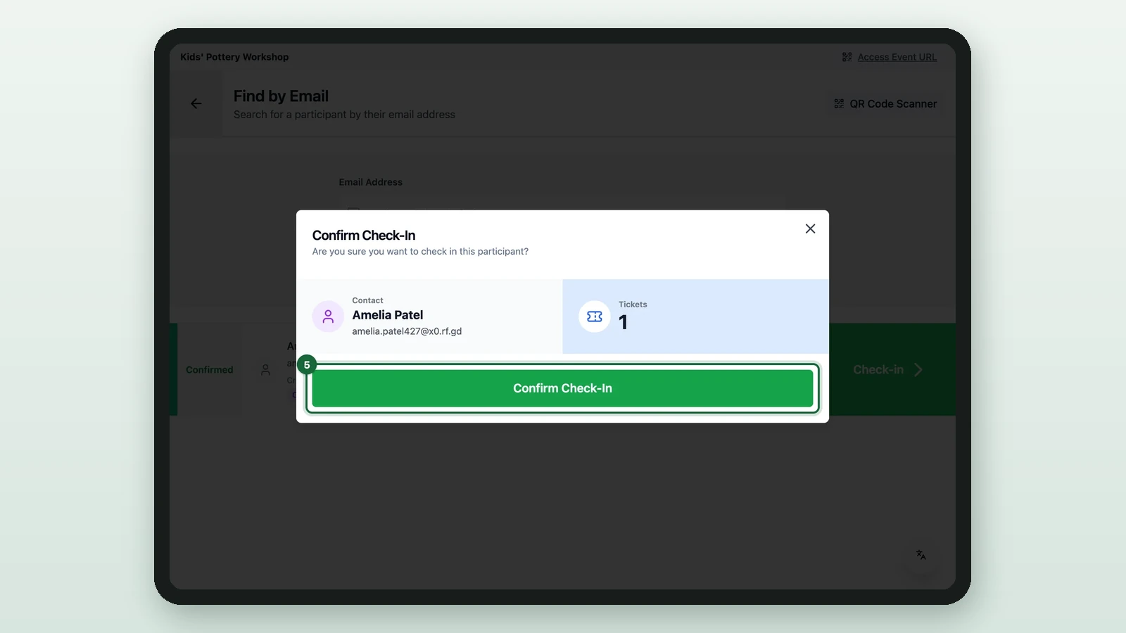 Confirm Check-In window with its button highlighted on a tablet