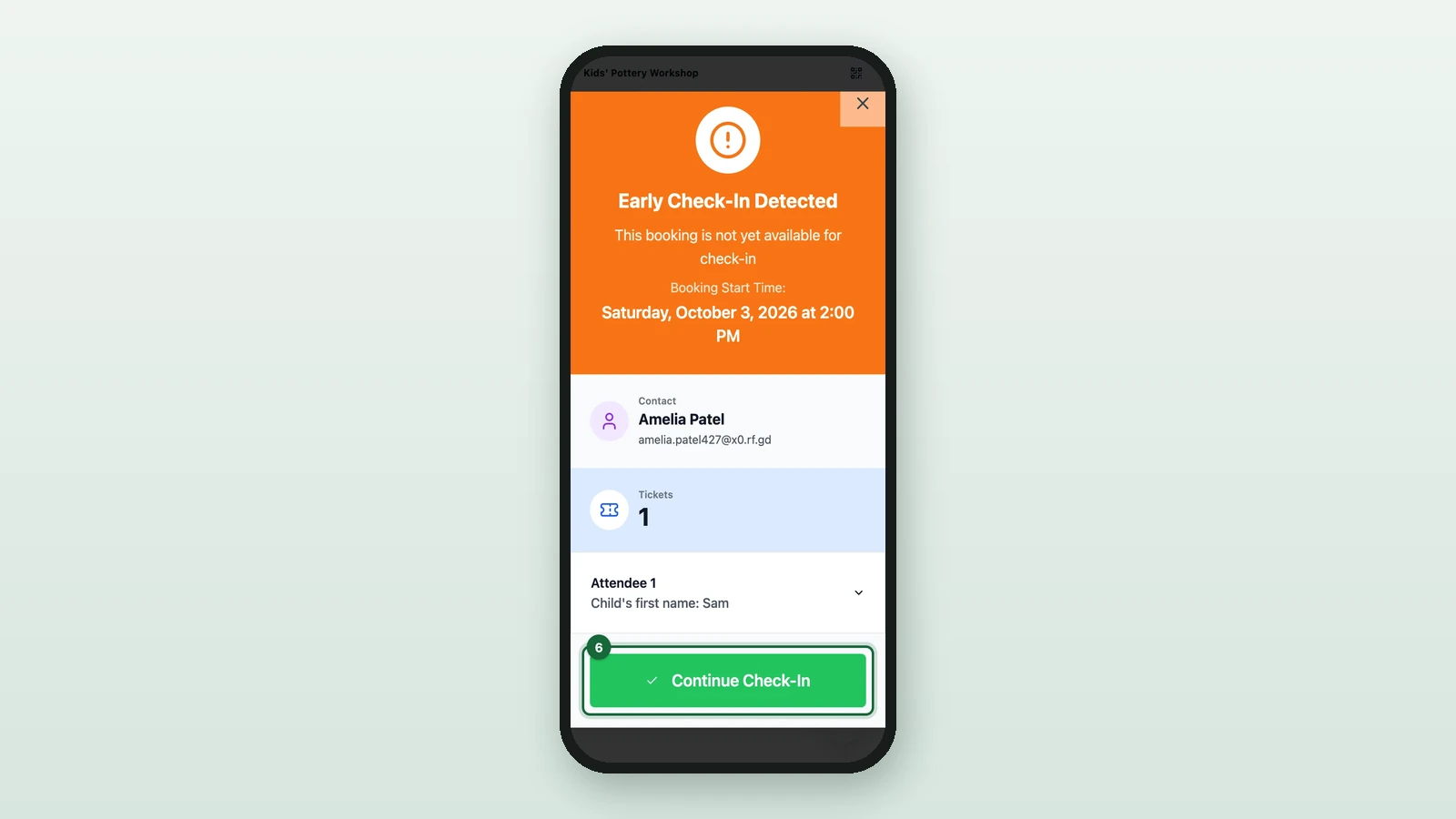 Early Check-In Detected with the Continue Check-In button highlighted on a phone