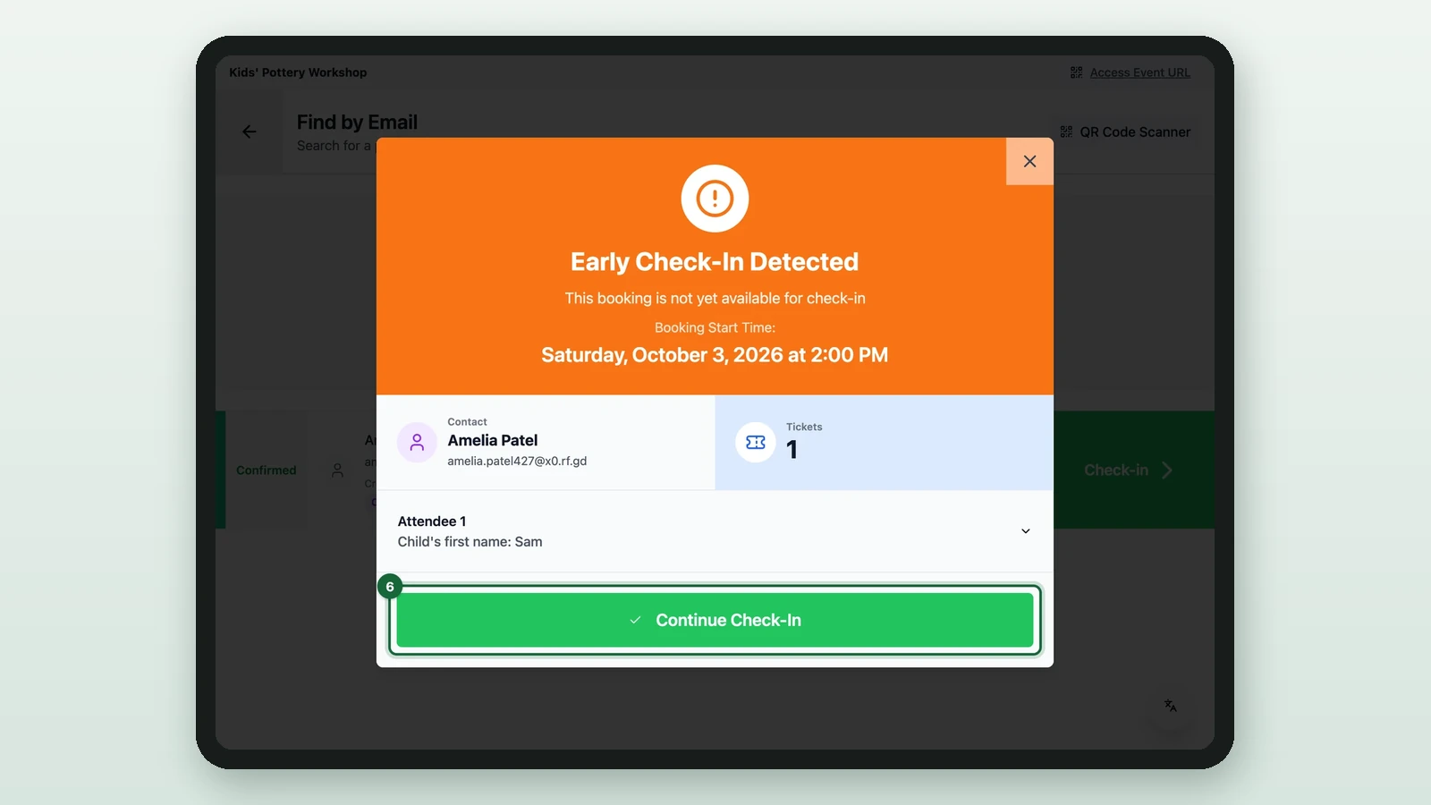 Early Check-In Detected with the Continue Check-In button highlighted on a tablet