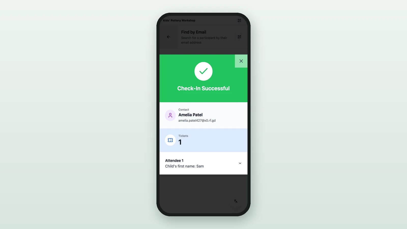 Check-In Successful window on a phone