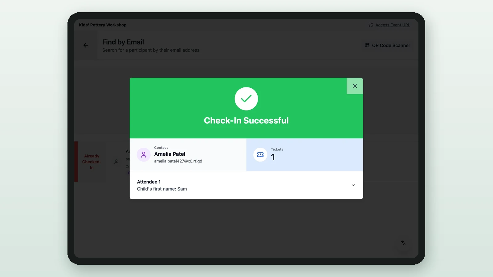 Check-In Successful window on a tablet