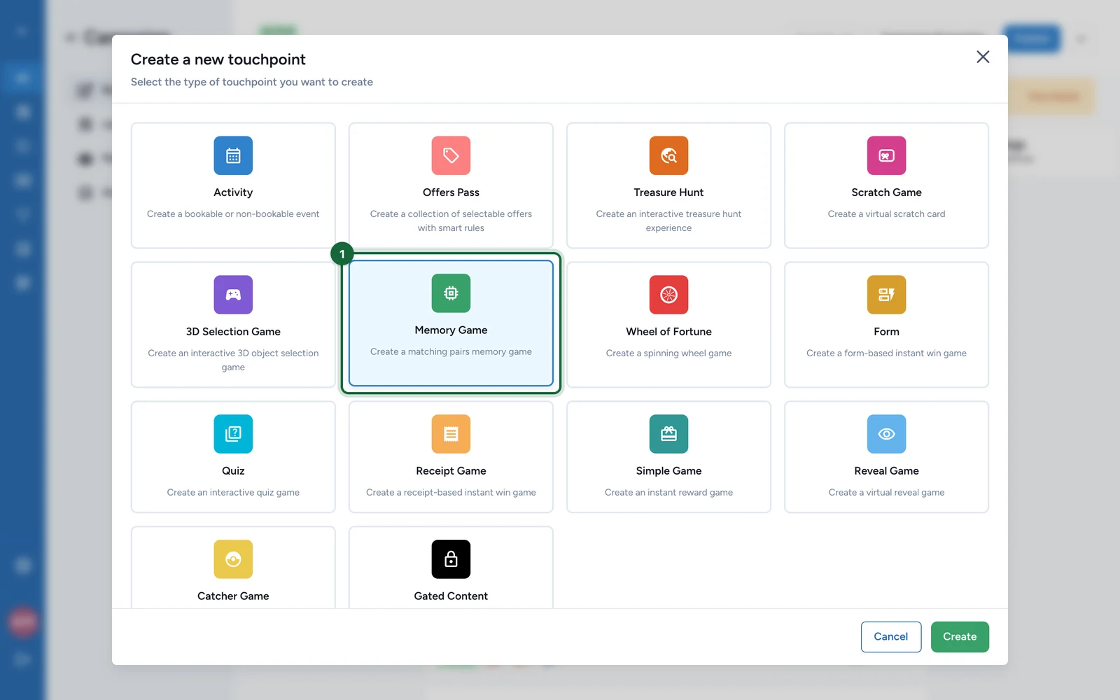 Create a new touchpoint window with the Memory Game tile highlighted