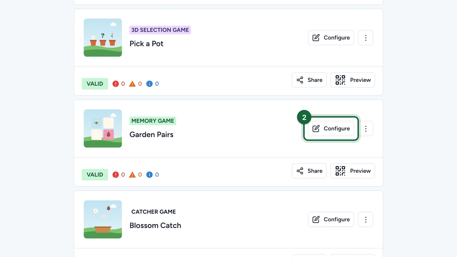 Garden Pairs card with its Configure button highlighted