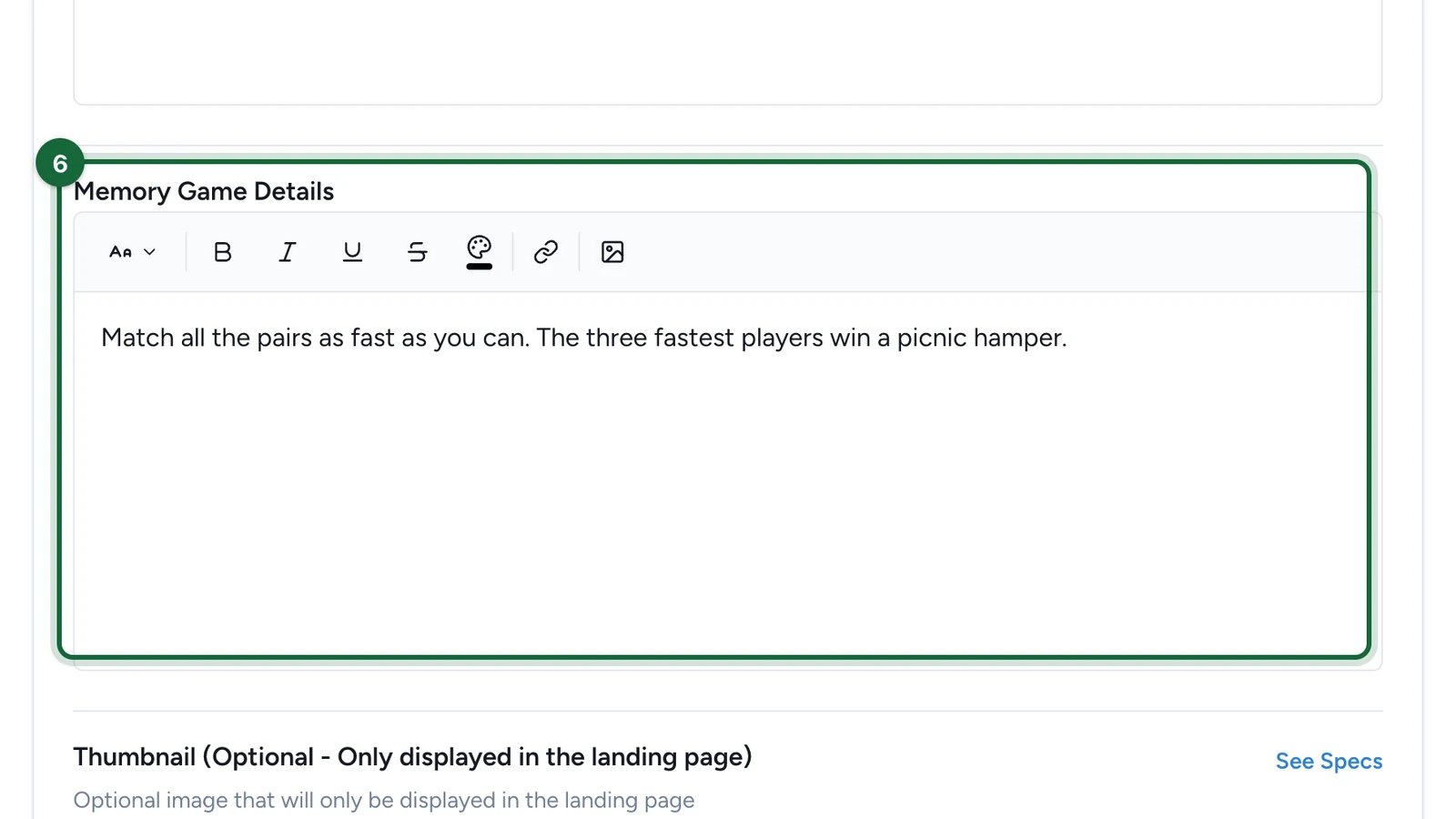 Memory Game Details explaining that the three fastest players win, highlighted