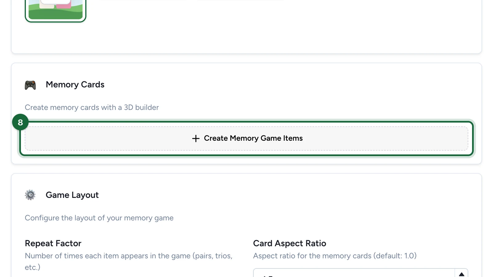 Memory Cards with the Create Memory Game Items button highlighted
