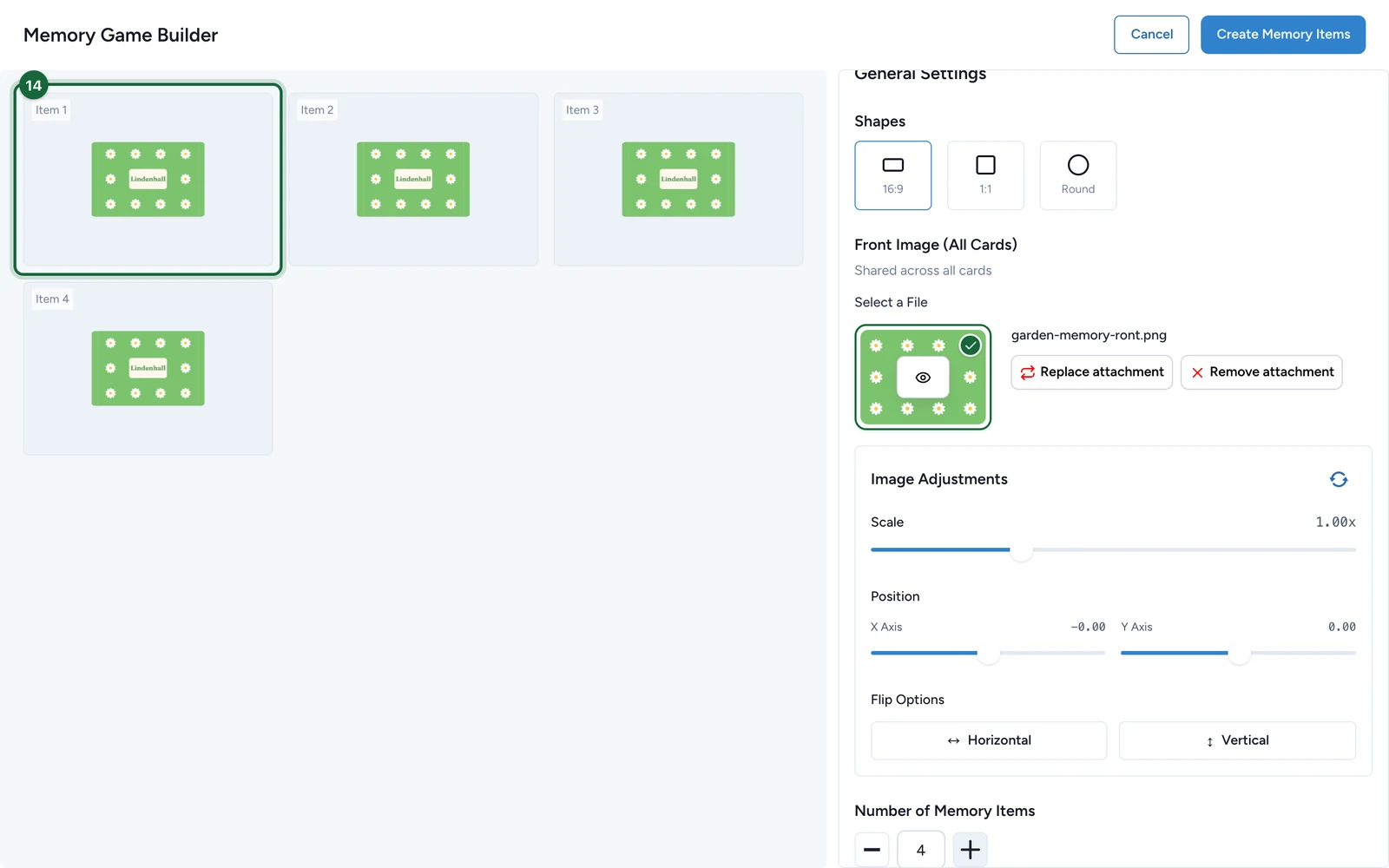 Memory Game Builder with the Item 1 tile highlighted