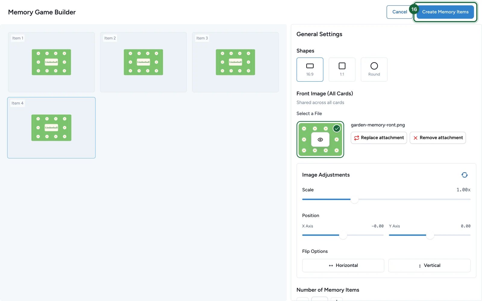 Memory Game Builder with four items and Create Memory Items highlighted