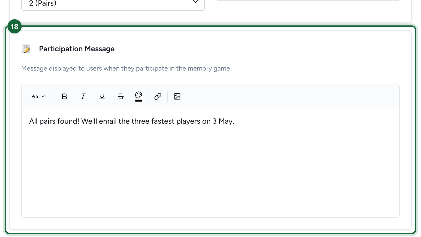 Participation Message saying all pairs are found and the fastest players get an email, highlighted