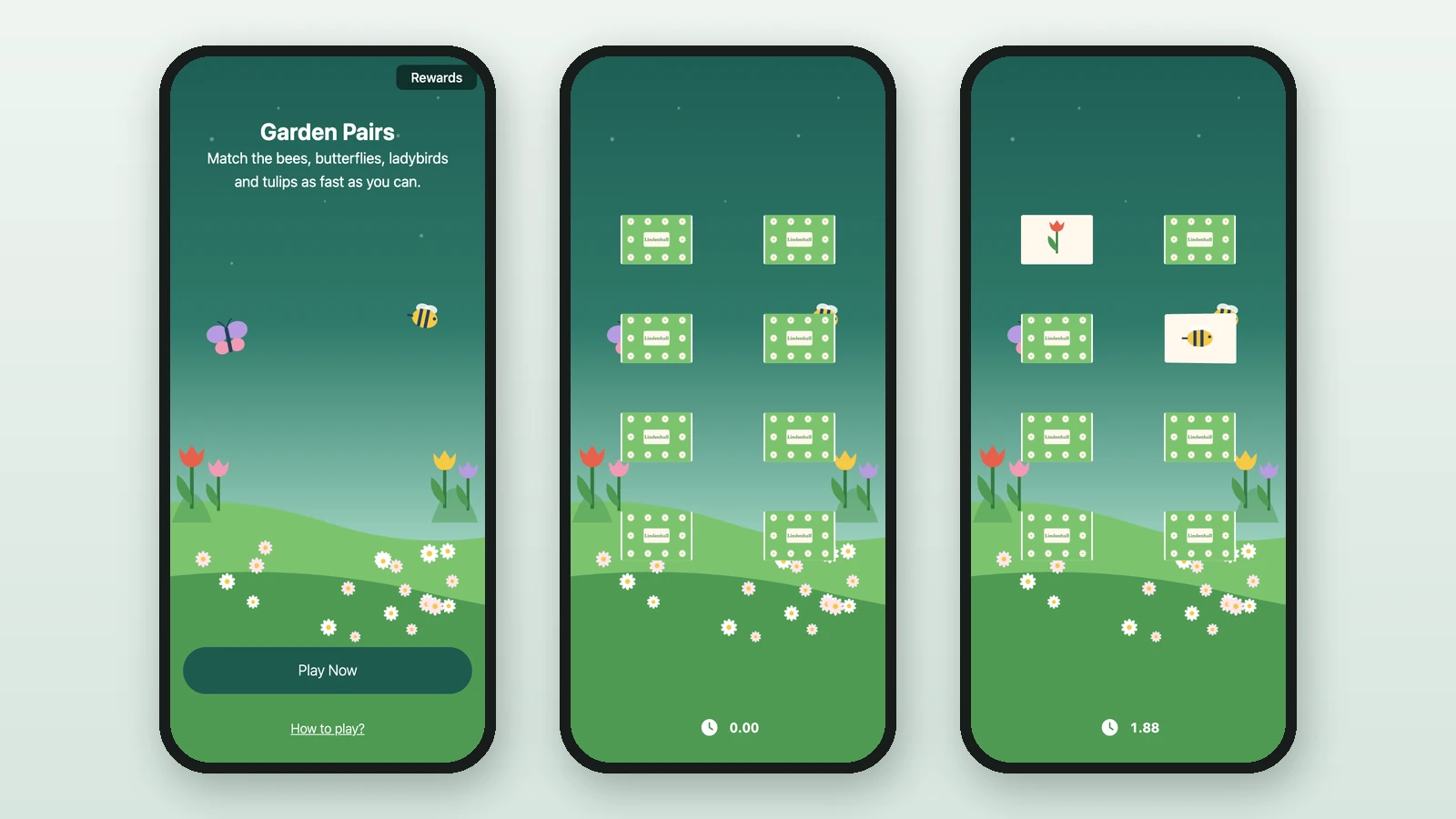 Garden Pairs on three phones: the start screen, eight face-down cards, and two cards turned over