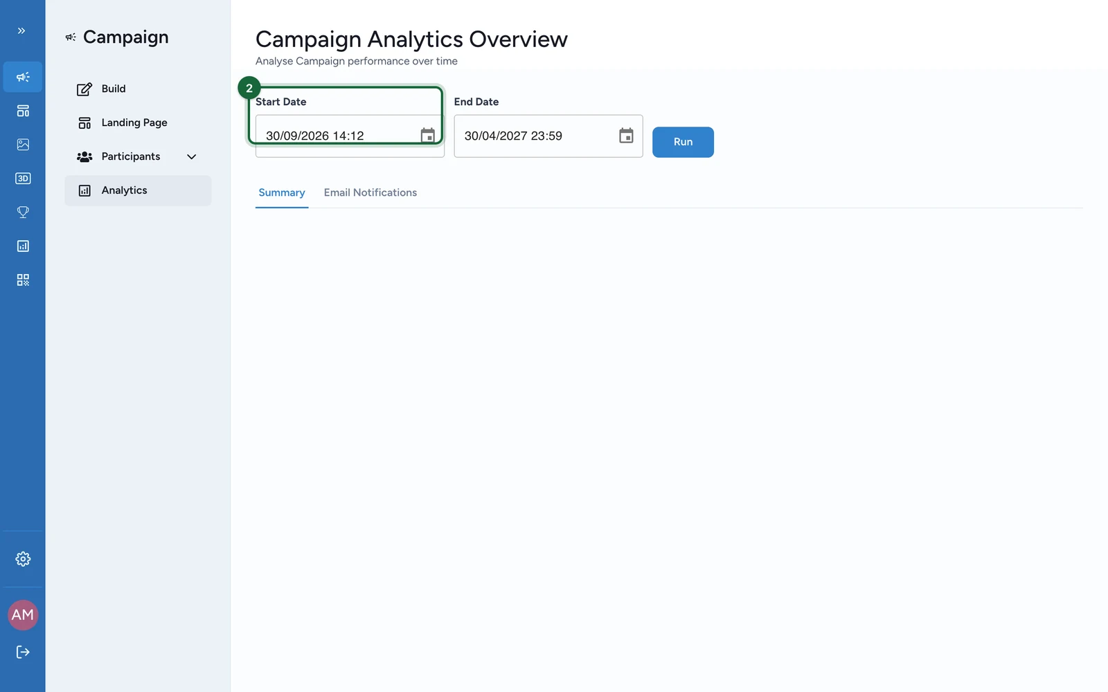 Analytics with the Start Date field highlighted