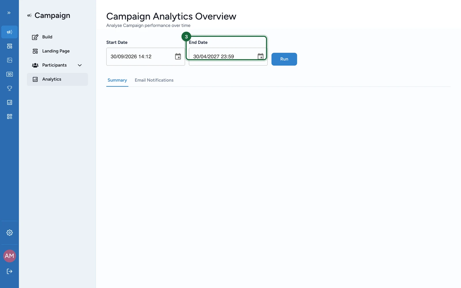 Analytics with the End Date field highlighted