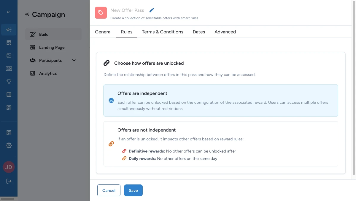 Offer associated reward section with a First Come First Served reward selected