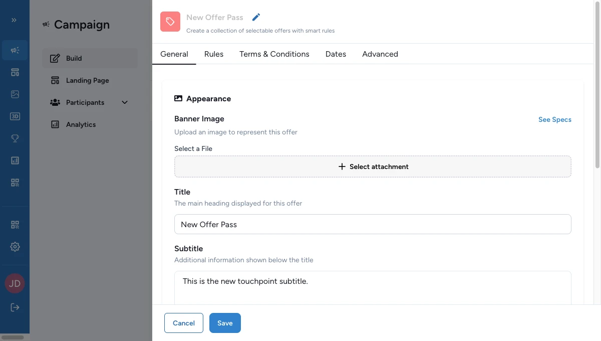 Offer Pass appearance form with banner image, title, and subtitle
