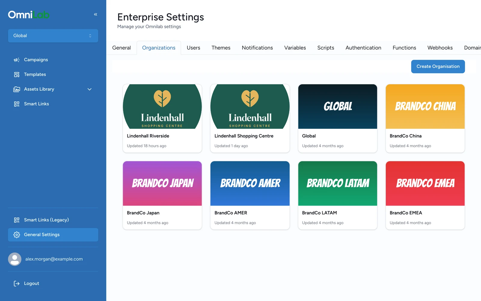 Enterprise Settings Organizations tab listing Lindenhall Riverside, Lindenhall Shopping Centre, Global and five BrandCo organisations